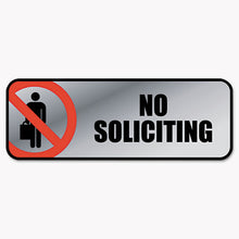 Load image into Gallery viewer, COSCO wholesale. Brushed Metal Office Sign, No Soliciting, 9 X 3, Silver-red. HSD Wholesale: Janitorial Supplies, Breakroom Supplies, Office Supplies.