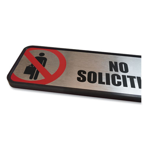 COSCO wholesale. Brushed Metal Office Sign, No Soliciting, 9 X 3, Silver-red. HSD Wholesale: Janitorial Supplies, Breakroom Supplies, Office Supplies.