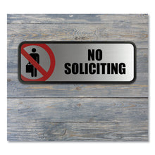 Load image into Gallery viewer, COSCO wholesale. Brushed Metal Office Sign, No Soliciting, 9 X 3, Silver-red. HSD Wholesale: Janitorial Supplies, Breakroom Supplies, Office Supplies.