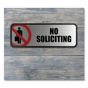 COSCO wholesale. Brushed Metal Office Sign, No Soliciting, 9 X 3, Silver-red. HSD Wholesale: Janitorial Supplies, Breakroom Supplies, Office Supplies.