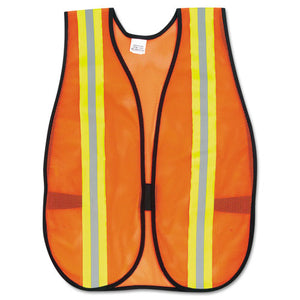 MCR™ Safety wholesale. Orange Safety Vest, 2 In. Reflective Strips, Polyester, Side Straps, One Size. HSD Wholesale: Janitorial Supplies, Breakroom Supplies, Office Supplies.