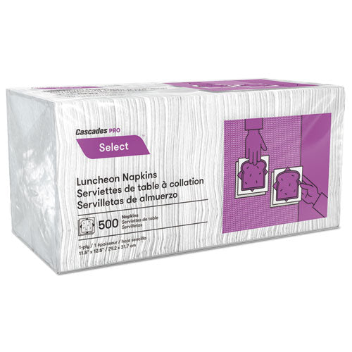 Cascades PRO wholesale. Select Luncheon Napkins, 1 Ply, 11 1-4 X 12 1-2, White, 500-pack, 6000-carton. HSD Wholesale: Janitorial Supplies, Breakroom Supplies, Office Supplies.