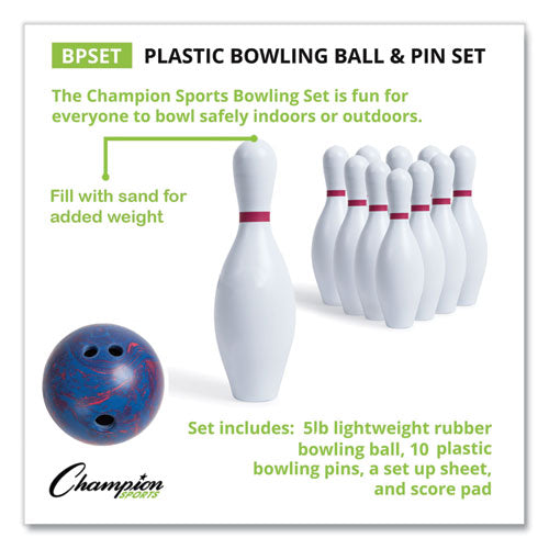 Champion Sports wholesale. Bowling Set, Plastic-rubber, White, 1 Ball-10 Pins-set. HSD Wholesale: Janitorial Supplies, Breakroom Supplies, Office Supplies.
