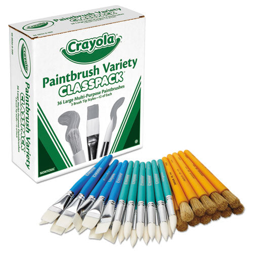 Crayola® wholesale. Large Variety Paint Brush Classpack, Natural Bristle-nylon, Flat-round, 36-set. HSD Wholesale: Janitorial Supplies, Breakroom Supplies, Office Supplies.
