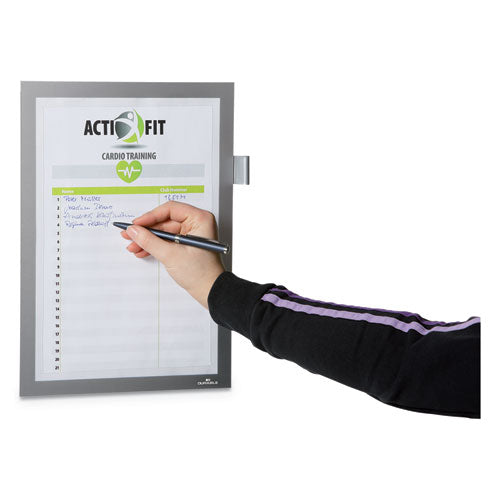 Durable® wholesale. Duraframe Note Sign Holder, 8 1-2" X 11", Silver Frame. HSD Wholesale: Janitorial Supplies, Breakroom Supplies, Office Supplies.