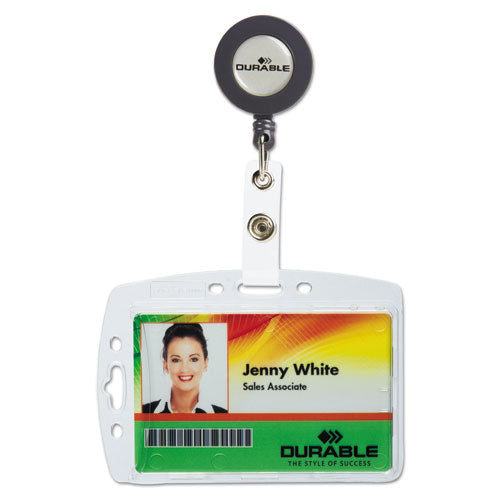 Durable® wholesale. Id-security Card Holder Set, Vertical-horizontal, Reel, Clear, 10-pack. HSD Wholesale: Janitorial Supplies, Breakroom Supplies, Office Supplies.