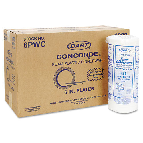 Dart® wholesale. DART Concorde Foam Plate, 6" Dia, White, 1000-carton. HSD Wholesale: Janitorial Supplies, Breakroom Supplies, Office Supplies.