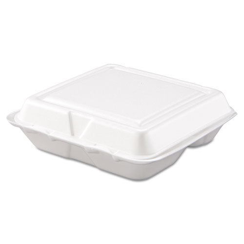 Dart® wholesale. DART Foam Hinged Lid Containers, 3-compartment, 7.5 X 8 X 2.3, White, 200-carton. HSD Wholesale: Janitorial Supplies, Breakroom Supplies, Office Supplies.