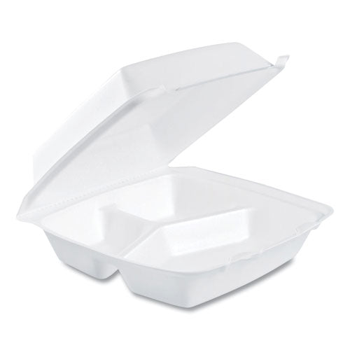 Dart® wholesale. DART Foam Hinged Lid Containers, 3-compartment, 8.38 X 7.78 X 3.25, 200-carton. HSD Wholesale: Janitorial Supplies, Breakroom Supplies, Office Supplies.