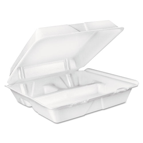 Dart® wholesale. DART Foam Hinged Lid Container, 3-compartment, 8 Oz, 9 X 9.4 X 3, White, 200-carton. HSD Wholesale: Janitorial Supplies, Breakroom Supplies, Office Supplies.