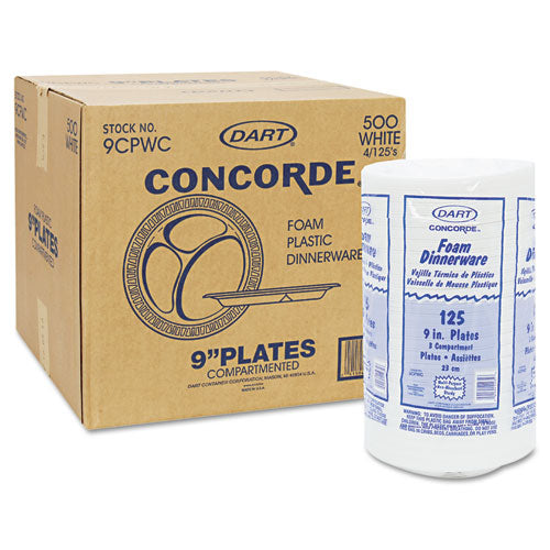 Dart® wholesale. DART Concorde Foam Plate, 3-comp, 9" Dia, White, 125-pack, 4 Packs-carton. HSD Wholesale: Janitorial Supplies, Breakroom Supplies, Office Supplies.