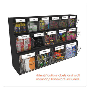 deflecto® wholesale. Tilt Bin Interlocking Multi-bin Storage Organizer, 6 Sections, 23.63" X 3.63" X 4.5", Black-clear. HSD Wholesale: Janitorial Supplies, Breakroom Supplies, Office Supplies.