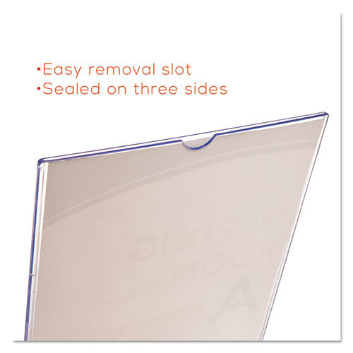 deflecto® wholesale. Superior Image Slanted Sign Holder, Portrait, 8 1-2 X 11 Insert, Clear. HSD Wholesale: Janitorial Supplies, Breakroom Supplies, Office Supplies.