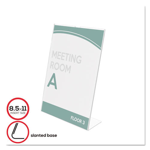 deflecto® wholesale. Superior Image Slanted Sign Holder, Portrait, 8 1-2 X 11 Insert, Clear. HSD Wholesale: Janitorial Supplies, Breakroom Supplies, Office Supplies.