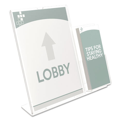 deflecto® wholesale. Superior Image Slanted Sign Holder With Side Pocket, 13.5w X 4.25d X 10.88h, Clear. HSD Wholesale: Janitorial Supplies, Breakroom Supplies, Office Supplies.