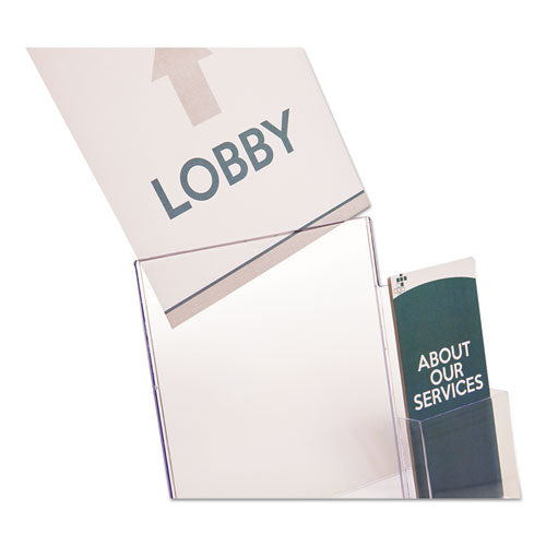 deflecto® wholesale. Superior Image Slanted Sign Holder With Side Pocket, 13.5w X 4.25d X 10.88h, Clear. HSD Wholesale: Janitorial Supplies, Breakroom Supplies, Office Supplies.