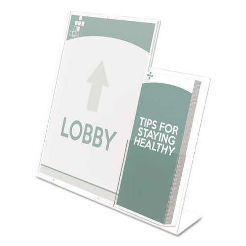 deflecto® wholesale. Superior Image Slanted Sign Holder With Side Pocket, 13.5w X 4.25d X 10.88h, Clear. HSD Wholesale: Janitorial Supplies, Breakroom Supplies, Office Supplies.