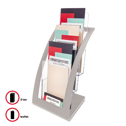 deflecto® wholesale. 3-tier Literature Holder, Leaflet Size, 6.75w X 6.94d X 13.31h, Silver. HSD Wholesale: Janitorial Supplies, Breakroom Supplies, Office Supplies.