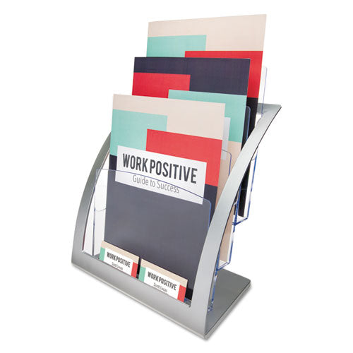 deflecto® wholesale. 3-tier Literature Holder, Leaflet Size, 11.25w X 6.94d X 13.31h, Silver. HSD Wholesale: Janitorial Supplies, Breakroom Supplies, Office Supplies.