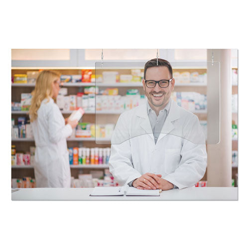 deflecto® wholesale. Hanging Barrier, 35.75" X 24", Acrylic, Clear, 2-carton. HSD Wholesale: Janitorial Supplies, Breakroom Supplies, Office Supplies.
