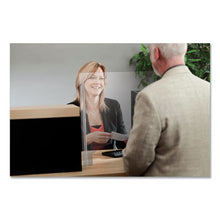 Load image into Gallery viewer, deflecto® wholesale. Counter Top Barrier With Pass Thru, 27&quot; X 6&quot; X 23.75&quot;, Acrylic, Clear, 2-carton. HSD Wholesale: Janitorial Supplies, Breakroom Supplies, Office Supplies.