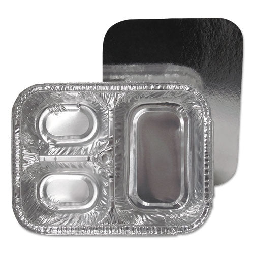 Durable Packaging wholesale. 3-compartment Oblong Aluminum Foil Container With Board Lid, 23 Oz, 8.5 X 6.38 X 1.72, Silver, 250-carton. HSD Wholesale: Janitorial Supplies, Breakroom Supplies, Office Supplies.