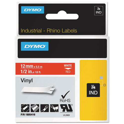DYMO® wholesale. DYMO Rhino Permanent Vinyl Industrial Label Tape, 0.5" X 18 Ft, Red-white Print. HSD Wholesale: Janitorial Supplies, Breakroom Supplies, Office Supplies.