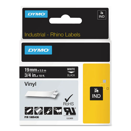 DYMO® wholesale. DYMO Rhino Permanent Vinyl Industrial Label Tape, 0.75" X 18 Ft, Black-white Print. HSD Wholesale: Janitorial Supplies, Breakroom Supplies, Office Supplies.