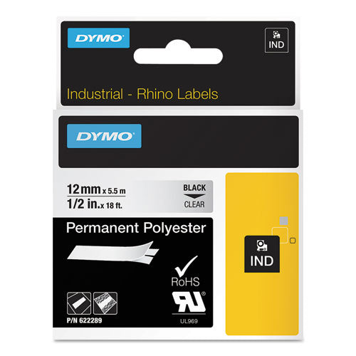 DYMO® wholesale. DYMO Rhino Permanent Vinyl Industrial Label Tape, 0.5" X 18 Ft, Clear-black Print. HSD Wholesale: Janitorial Supplies, Breakroom Supplies, Office Supplies.