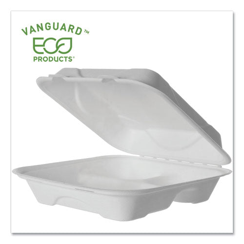 Eco-Products® wholesale. Vanguard Renewable And Compostable Sugarcane Clamshells, 3-compartment, 9 X 9 X 3, White, 200-carton. HSD Wholesale: Janitorial Supplies, Breakroom Supplies, Office Supplies.