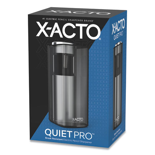 X-ACTO® wholesale. Model 1612 Quiet Pro Electric Pencil Sharpener, Ac-powered, 3 X 5 X 9, Black-silver-smoke. HSD Wholesale: Janitorial Supplies, Breakroom Supplies, Office Supplies.