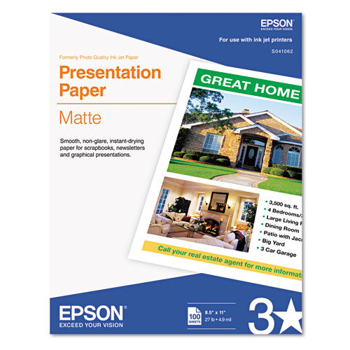 Epson® wholesale. EPSON Matte Presentation Paper, 4.9 Mil, 8.5 X 11, Matte Bright White, 100-pack. HSD Wholesale: Janitorial Supplies, Breakroom Supplies, Office Supplies.