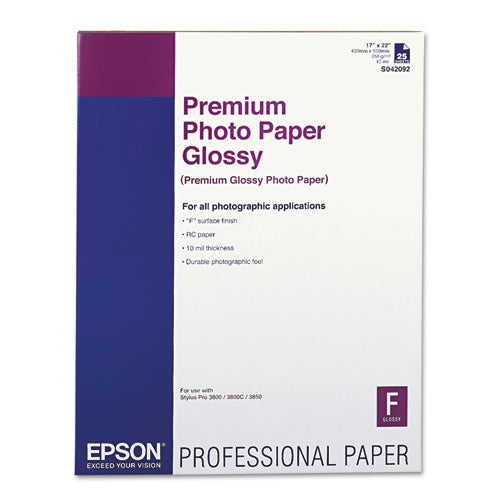 Epson® wholesale. EPSON Premium Photo Paper, 10.4 Mil, 17 X 22, High-gloss White, 25-pack. HSD Wholesale: Janitorial Supplies, Breakroom Supplies, Office Supplies.