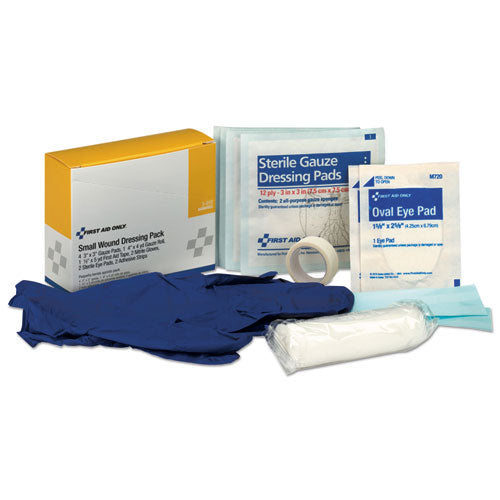 First Aid Only™ wholesale. Small Wound Dressing Kit, Includes Gauze, Tape, Gloves, Eye Pads, Bandages. HSD Wholesale: Janitorial Supplies, Breakroom Supplies, Office Supplies.