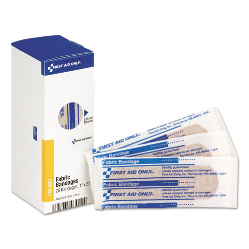 First Aid Only™ wholesale. Smartcompliance Fabric Bandages, 1" X 3", 25-box. HSD Wholesale: Janitorial Supplies, Breakroom Supplies, Office Supplies.