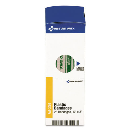 First Aid Only™ wholesale. Smartcompliance Plastic Bandages, 3-4" X 3", 25-box. HSD Wholesale: Janitorial Supplies, Breakroom Supplies, Office Supplies.