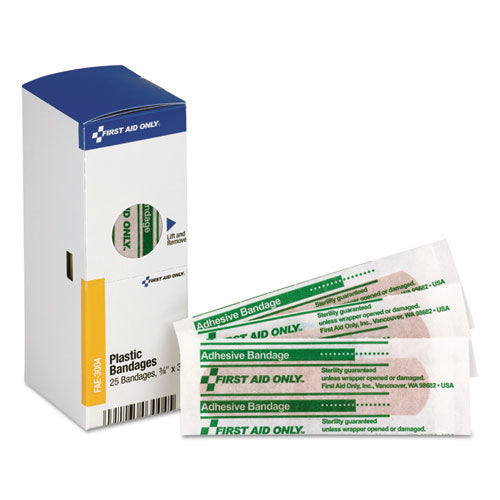 First Aid Only™ wholesale. Smartcompliance Plastic Bandages, 3-4" X 3", 25-box. HSD Wholesale: Janitorial Supplies, Breakroom Supplies, Office Supplies.