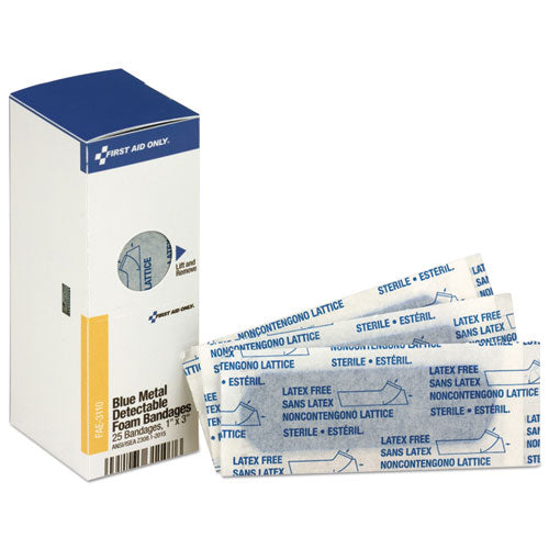 First Aid Only™ wholesale. Metal Detectable Adhesive Bandages, Foam, Blue, 1 X 3, 25-box. HSD Wholesale: Janitorial Supplies, Breakroom Supplies, Office Supplies.