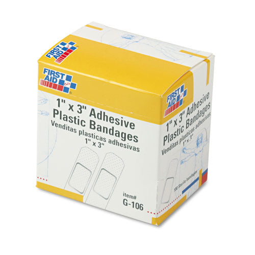 First Aid Only™ wholesale. Plastic Adhesive Bandages, 1" X 3", 100-box. HSD Wholesale: Janitorial Supplies, Breakroom Supplies, Office Supplies.