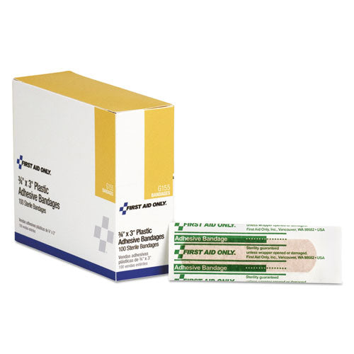 First Aid Only™ wholesale. Plastic Adhesive Bandages, 3" X 0.75", 100-box. HSD Wholesale: Janitorial Supplies, Breakroom Supplies, Office Supplies.