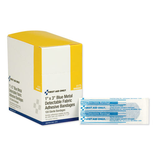 First Aid Only™ wholesale. Adhesive Blue Metal Detectable Bandages, 1 X 3, Plastic W-foil, 100-bx, 12 Bx-ct. HSD Wholesale: Janitorial Supplies, Breakroom Supplies, Office Supplies.