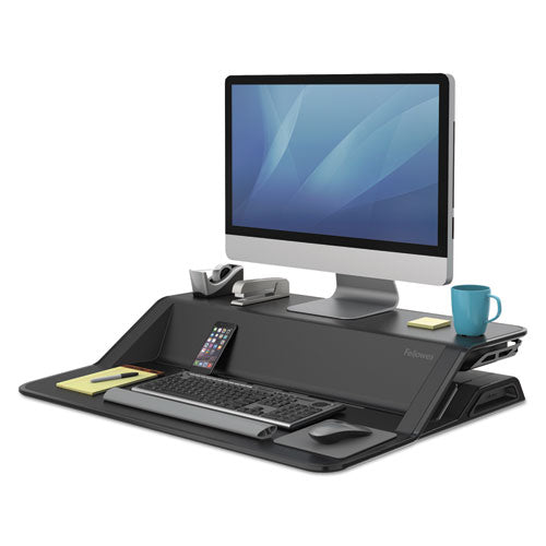Fellowes® wholesale. Lotus Sit-stands Workstation, 32.75" X 24.25" X 5.5" To 22.5", Black. HSD Wholesale: Janitorial Supplies, Breakroom Supplies, Office Supplies.