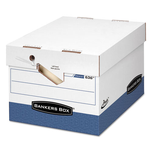 Bankers Box® wholesale. Presto Ergonomic Design Storage Boxes, Letter-legal Files, 12.88" X 16.5" X 10.38", White-blue, 12-carton. HSD Wholesale: Janitorial Supplies, Breakroom Supplies, Office Supplies.