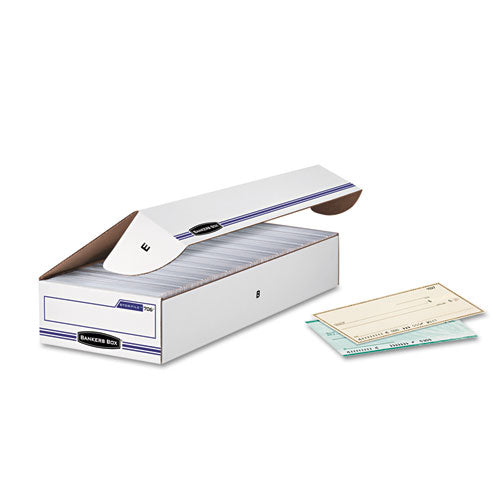Bankers Box® wholesale. Stor-file Check Boxes, 9.25" X 25" X 4.13", White-blue, 12-carton. HSD Wholesale: Janitorial Supplies, Breakroom Supplies, Office Supplies.