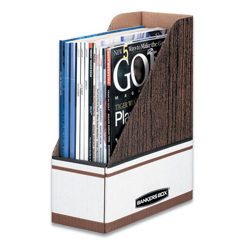 Bankers Box® wholesale. Corrugated Cardboard Magazine File, 4 X 9 X 11 1-2, Wood Grain, 12-carton. HSD Wholesale: Janitorial Supplies, Breakroom Supplies, Office Supplies.