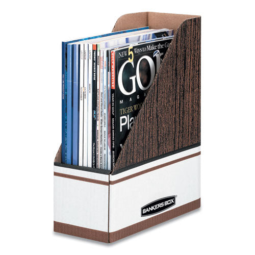 Bankers Box® wholesale. Corrugated Cardboard Magazine File, 4 X 11 X 12 3-4, Wood Grain, 12-carton. HSD Wholesale: Janitorial Supplies, Breakroom Supplies, Office Supplies.