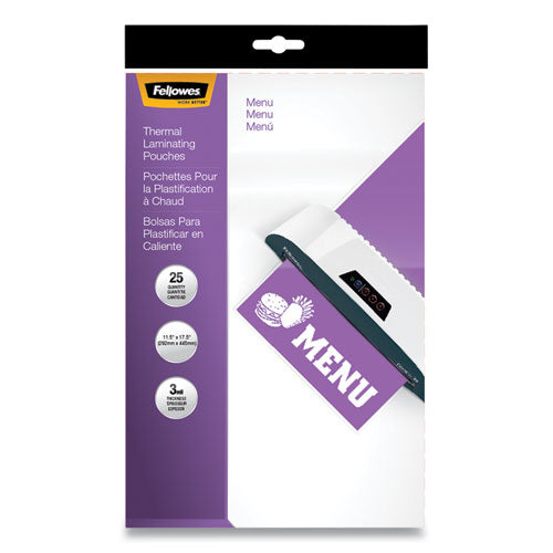 Fellowes® wholesale. Laminating Pouches, 3 Mil, 12" X 18", Gloss Clear, 25-pack. HSD Wholesale: Janitorial Supplies, Breakroom Supplies, Office Supplies.