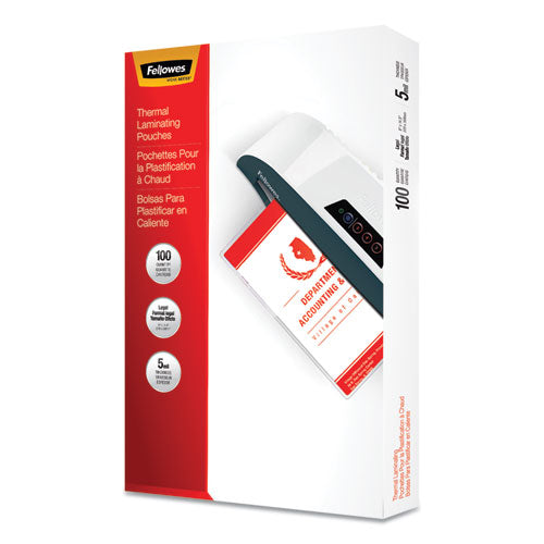 Fellowes® wholesale. Laminating Pouches, 5 Mil, 9" X 14.5", Gloss Clear, 100-pack. HSD Wholesale: Janitorial Supplies, Breakroom Supplies, Office Supplies.