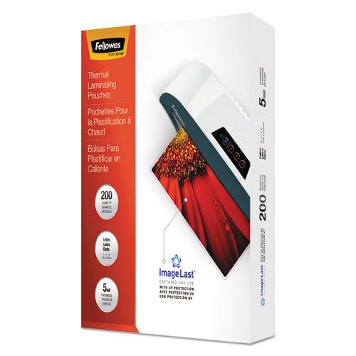 Fellowes® wholesale. Imagelast Laminating Pouches With Uv Protection, 5 Mil, 9" X 11.5", Clear, 200-pack. HSD Wholesale: Janitorial Supplies, Breakroom Supplies, Office Supplies.