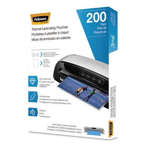 Fellowes® wholesale. Laminating Pouches, 3 Mil, 9" X 11.5", Gloss Clear, 200-pack. HSD Wholesale: Janitorial Supplies, Breakroom Supplies, Office Supplies.